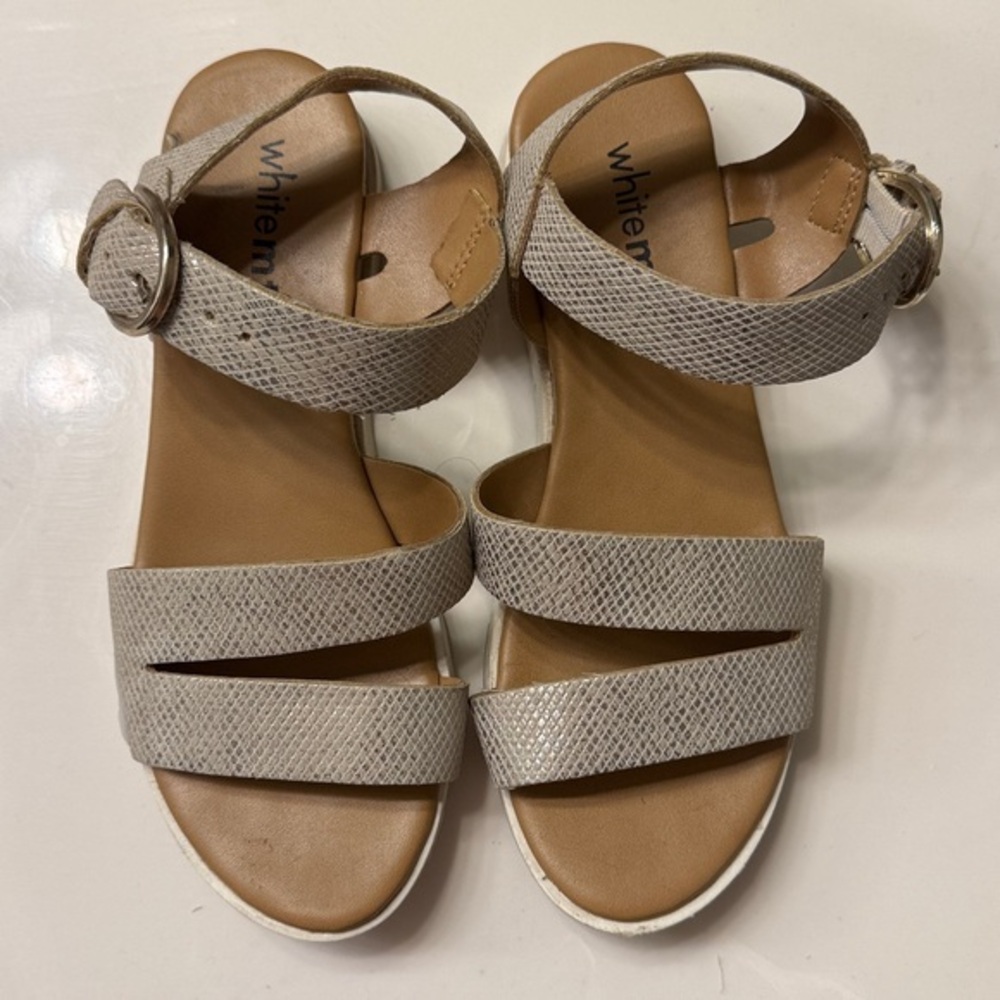 White Mt 5 1/2 gold snake printSandals. Small wedge great condition